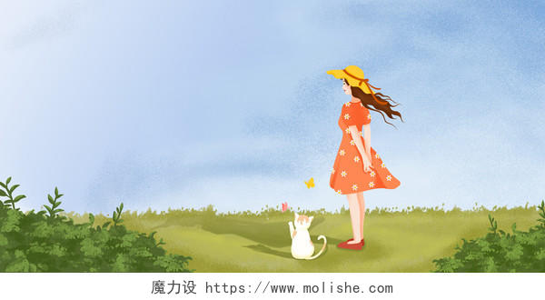 卡通手绘春天春季女孩猫咪背景素材
